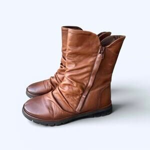 Miz Mooz Delena Ruched Leather Mid-Shaft Boots Brown Side Zip EU 39 US 8-8.5